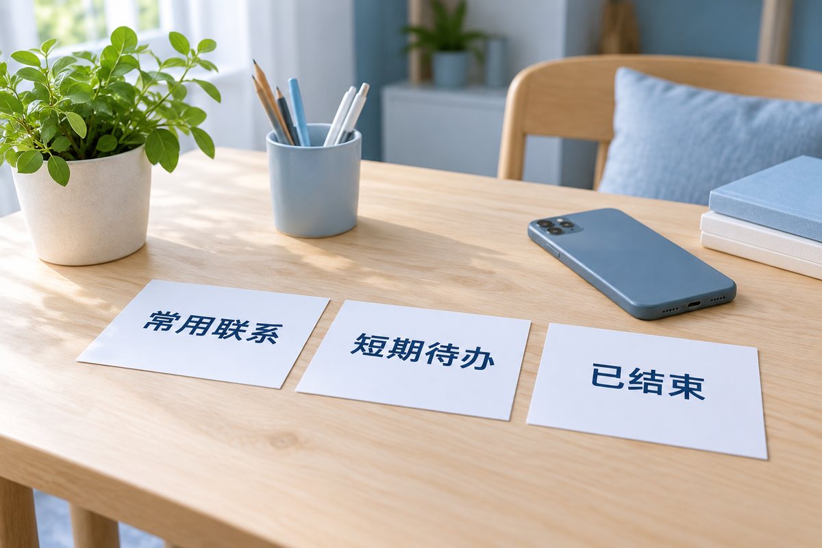 三张卡片分别标示常用联系短期待办和已结束