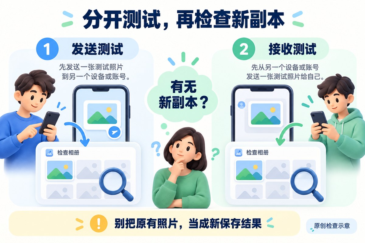用发送和接收两种测试图片检查相册是否出现副本的流程示意