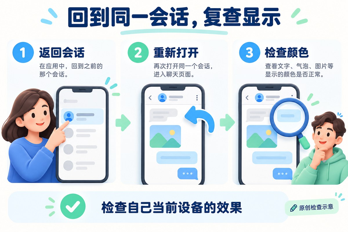 选色后返回同一会话并重新打开检查显示的流程示意
