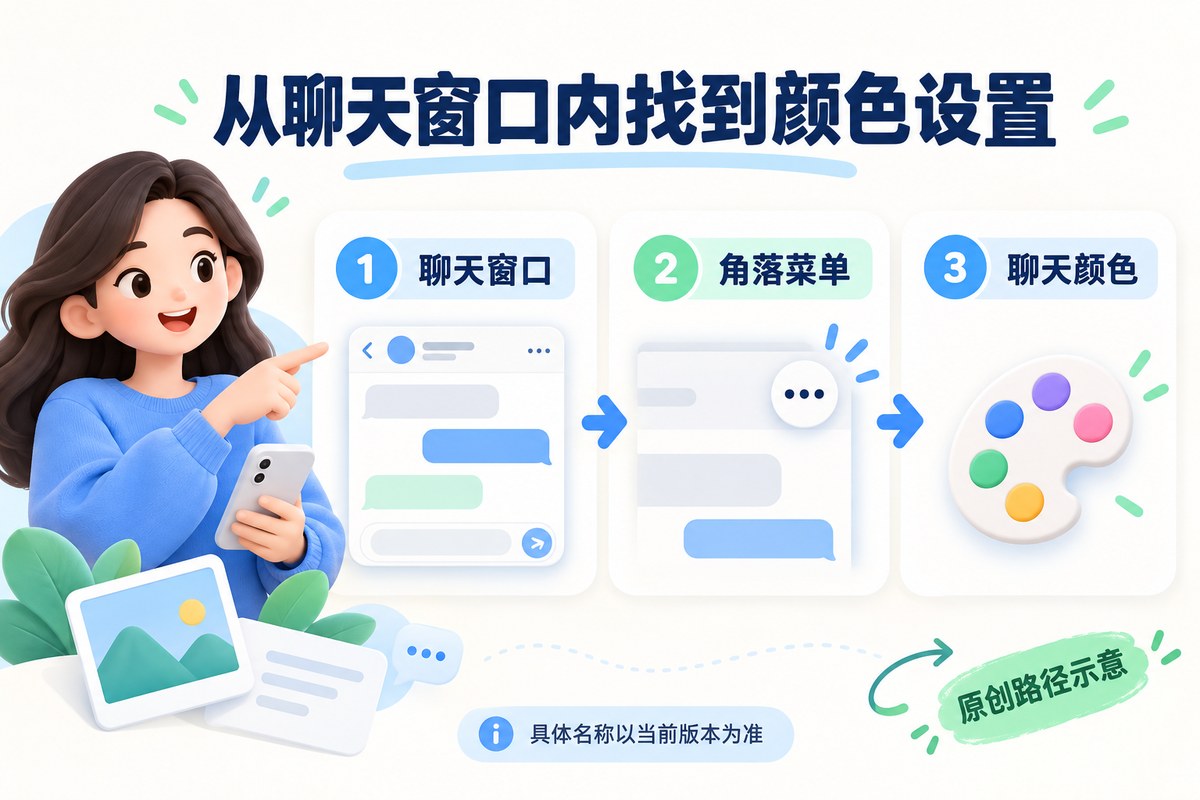 从聊天窗口进入角落菜单并选择聊天颜色的流程示意