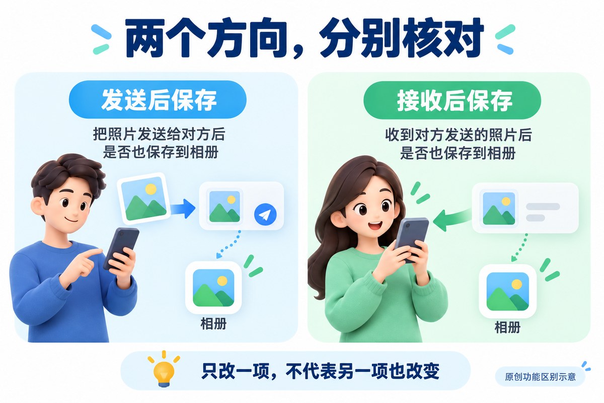 发送照片与接收照片分别对应两项自动保存设置的概念比较