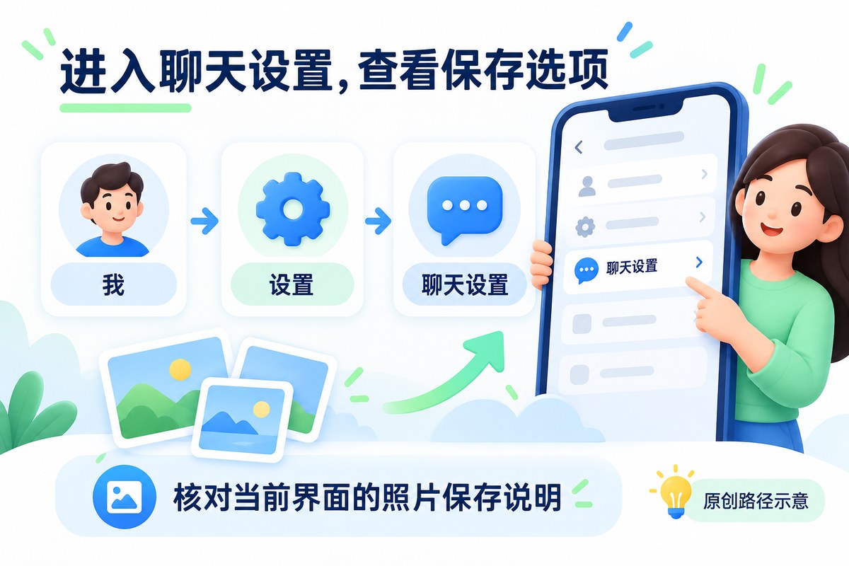 从我进入设置再进入聊天设置以查找照片保存选项的路径示意